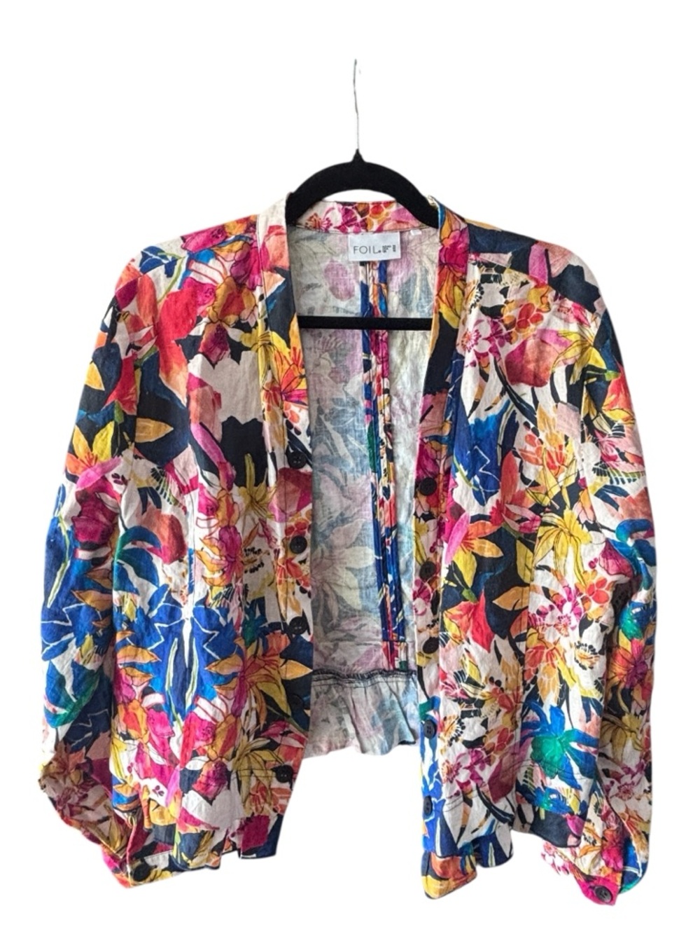 FOIL Floral Linen Blend Jacket Blazer Size 14 Colorful Cropped Lightweight Boho